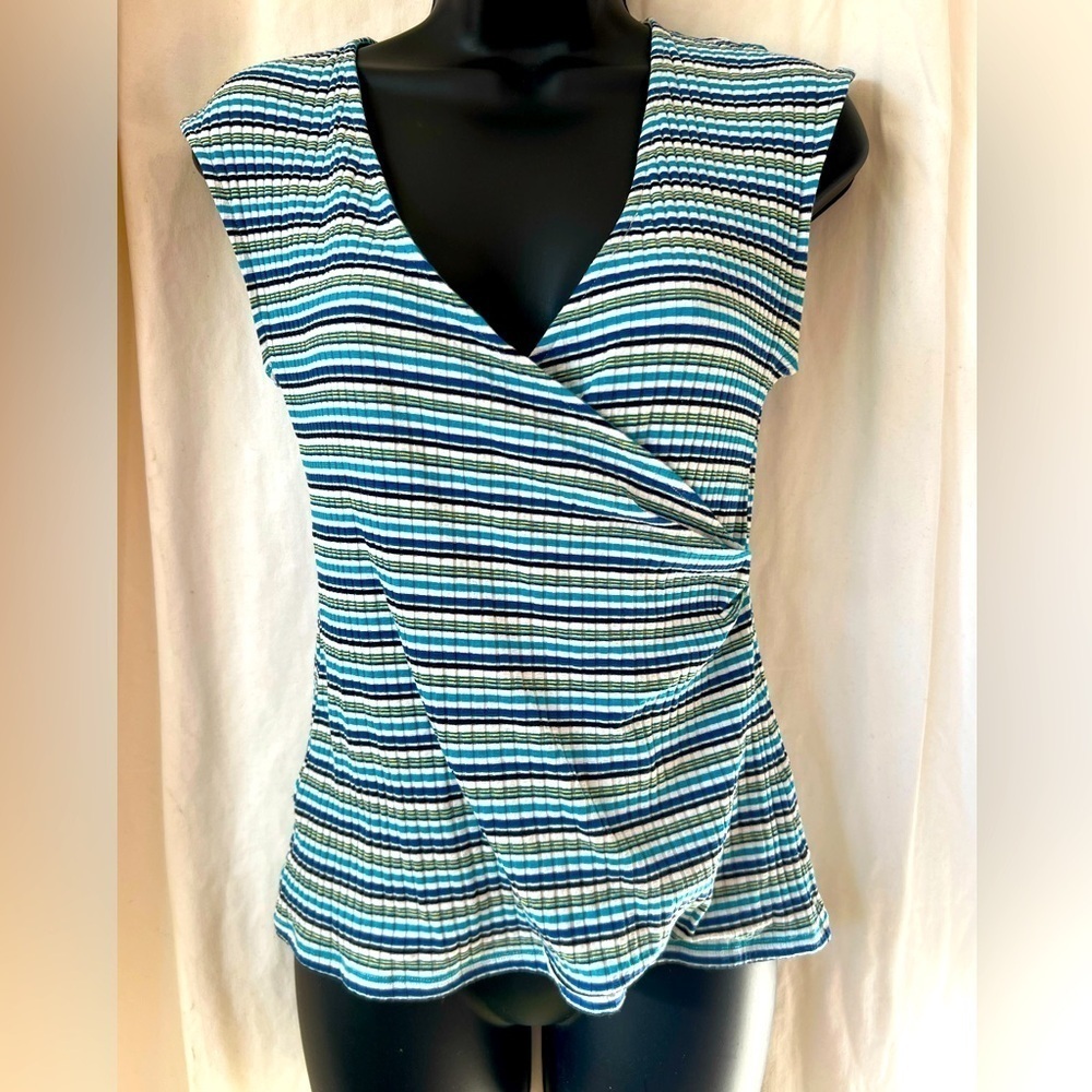 Redhaute Women's Sz M Striped Side Sweep V Neck Blouse Shades Of Blue